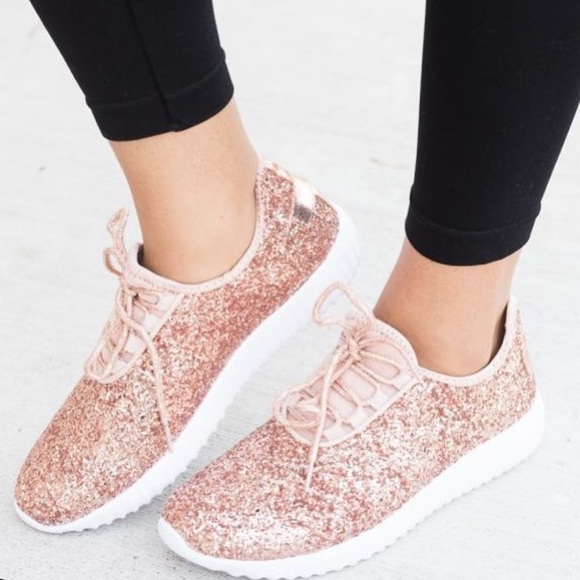 NIB Lightweight Rose Gold Glitter Sparkly Sneakers - Picture 2 of 8